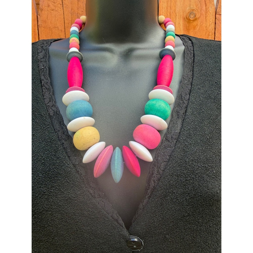 Vintage Chunky Multi Color Wood Bead Necklace Clowncore Statement Jewelry